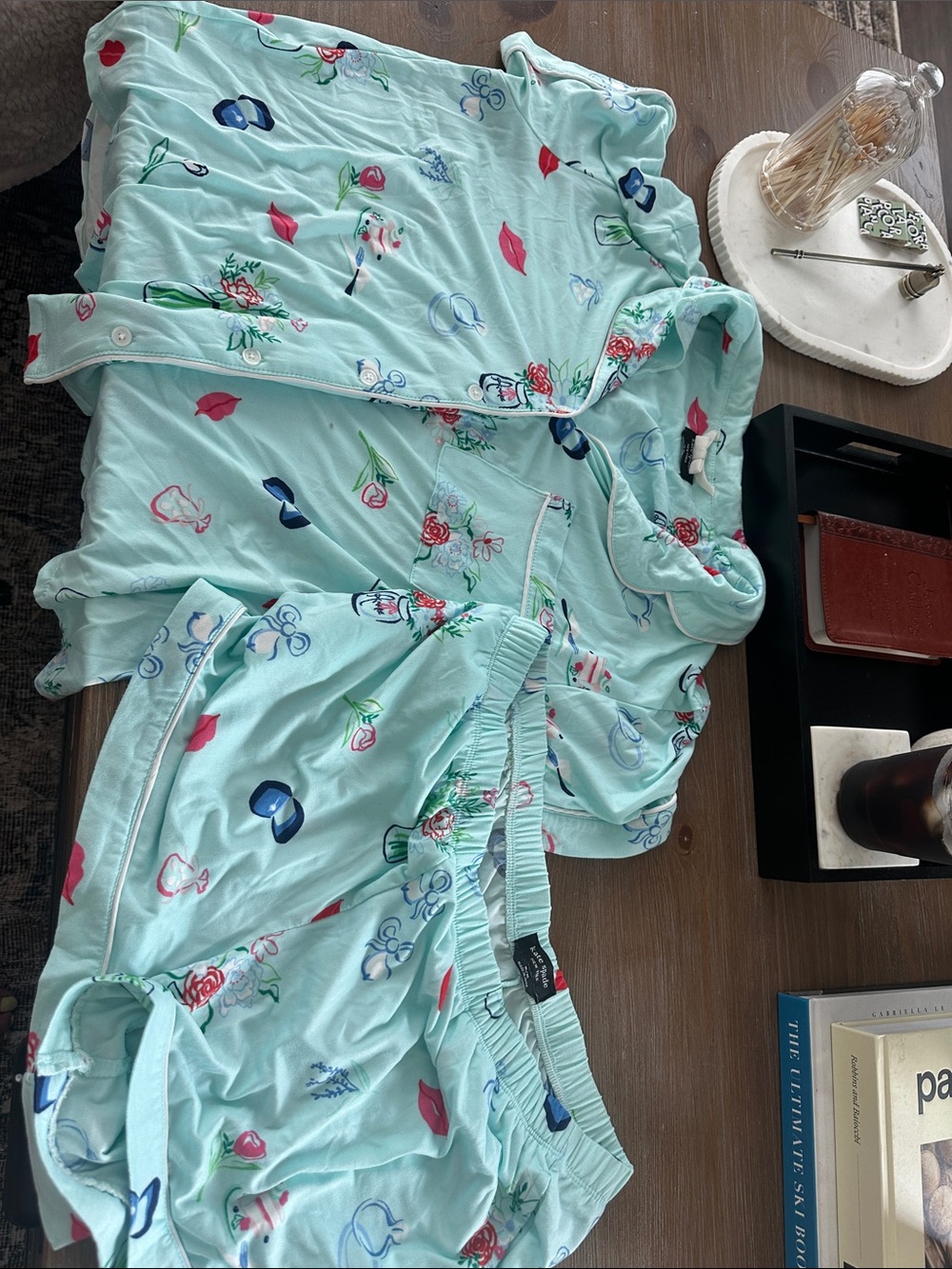 kate spade light aqua floral bridal pajama set with lips print